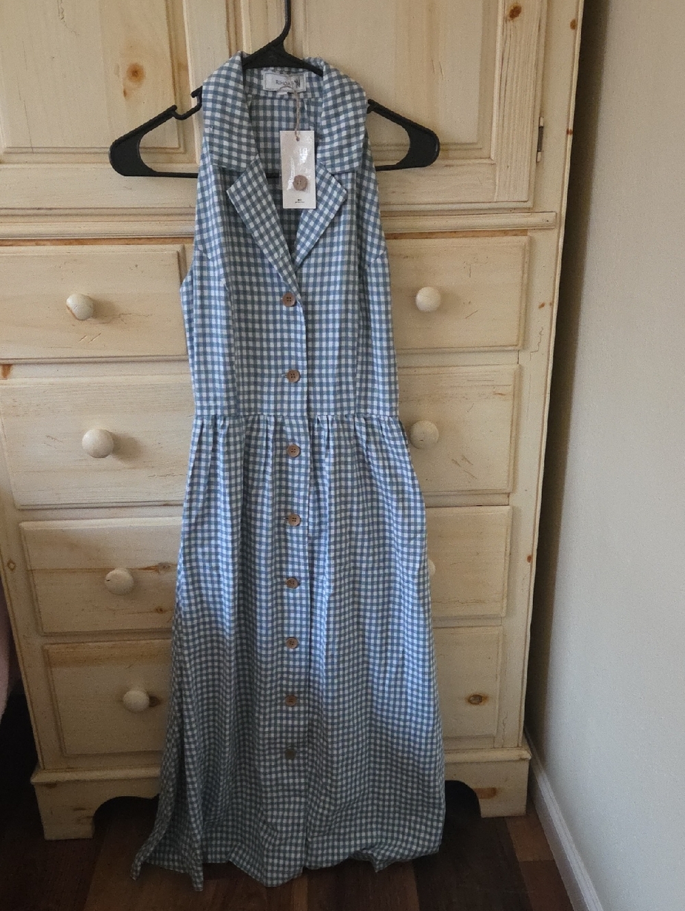 RIHOAS Blue Gingham Button-Front Maxi Dress